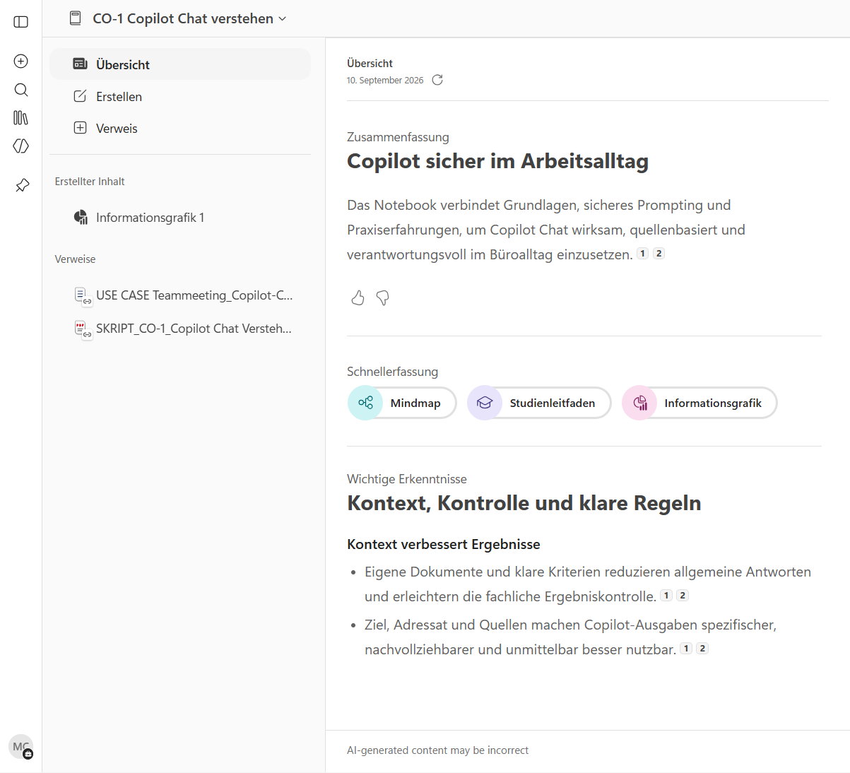Ein Copilot-Notizbuch: links Verweise und erstellte Inhalte, in der Mitte Übersicht und Schnellerfassung mit Mindmap, Studienleitfaden und Informationsgrafik