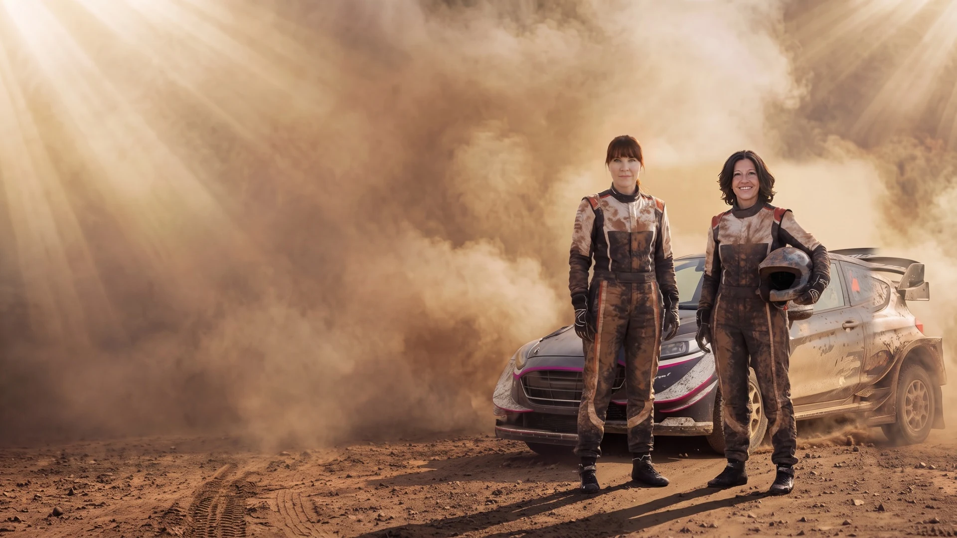 KI-generiertes Bild: Marion Wetter und Monika Keil im Rennanzug vor einem Rallye-Auto, dahinter eine Staubwolke im Gegenlicht