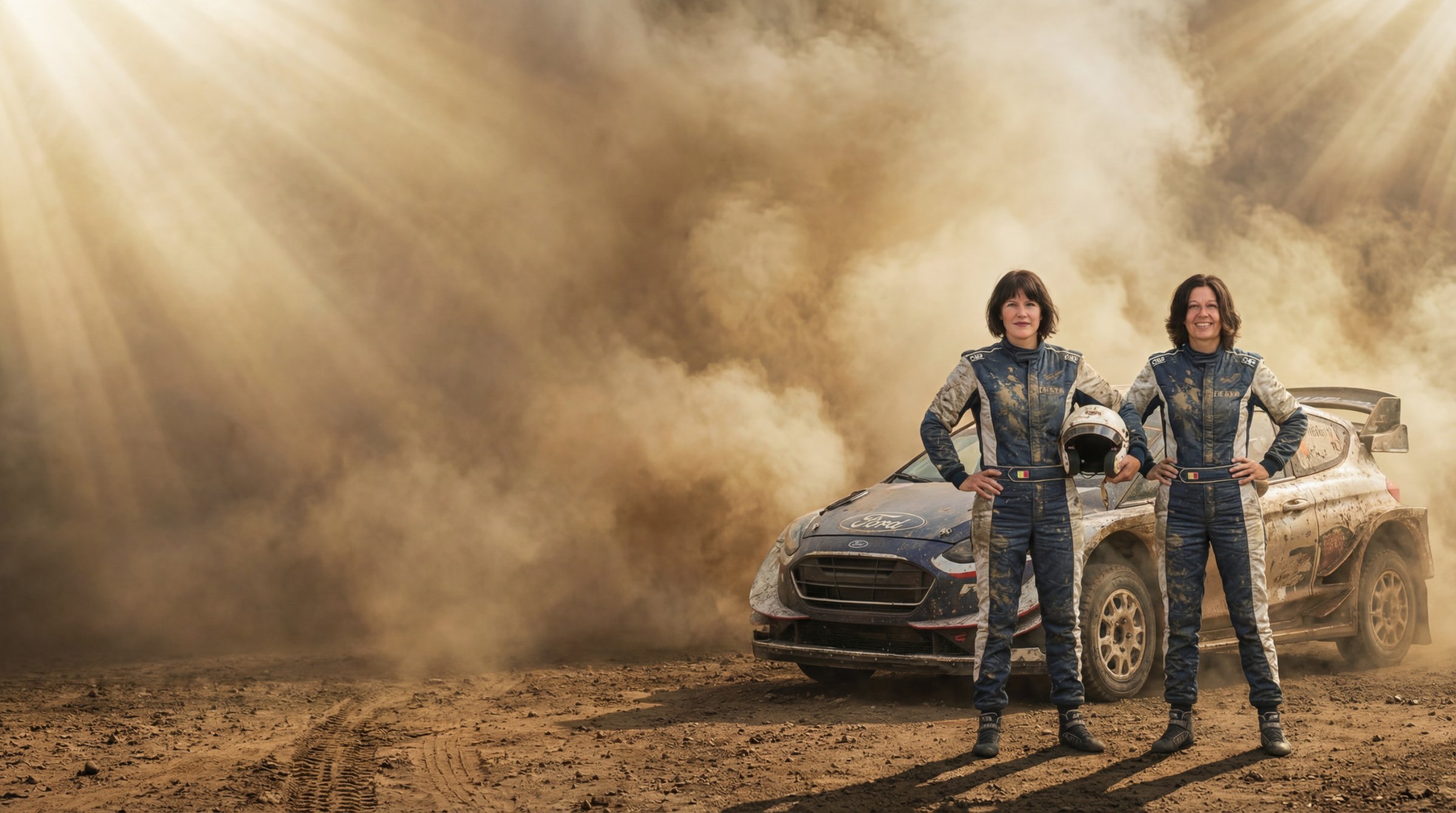 Monika Keil und Marion Wetter vor dem Rallye-Fahrzeug, KI-generiertes Bild