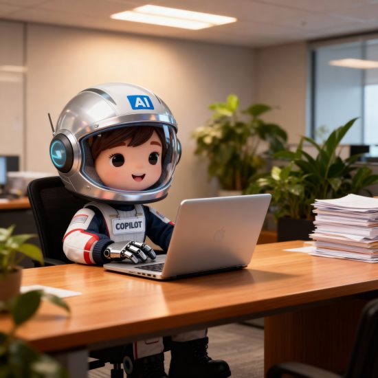 Copilot-Mascot arbeitet entspannt am Laptop