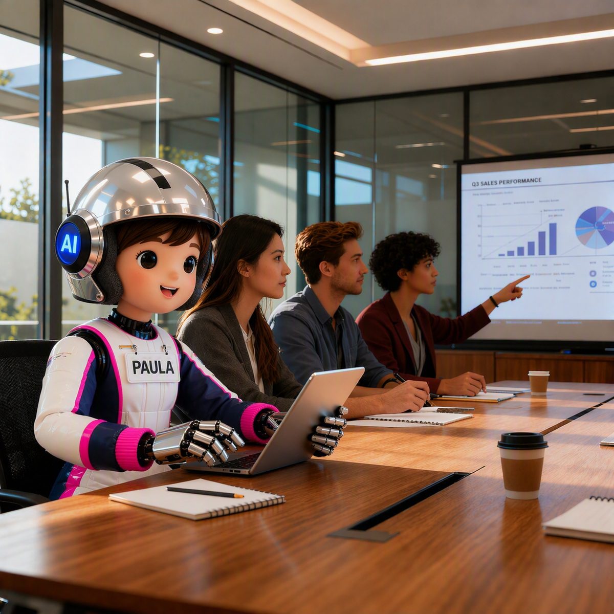 Paula, die co-drAIver-Copilotin, wertet mit dem Team eine Besprechung aus