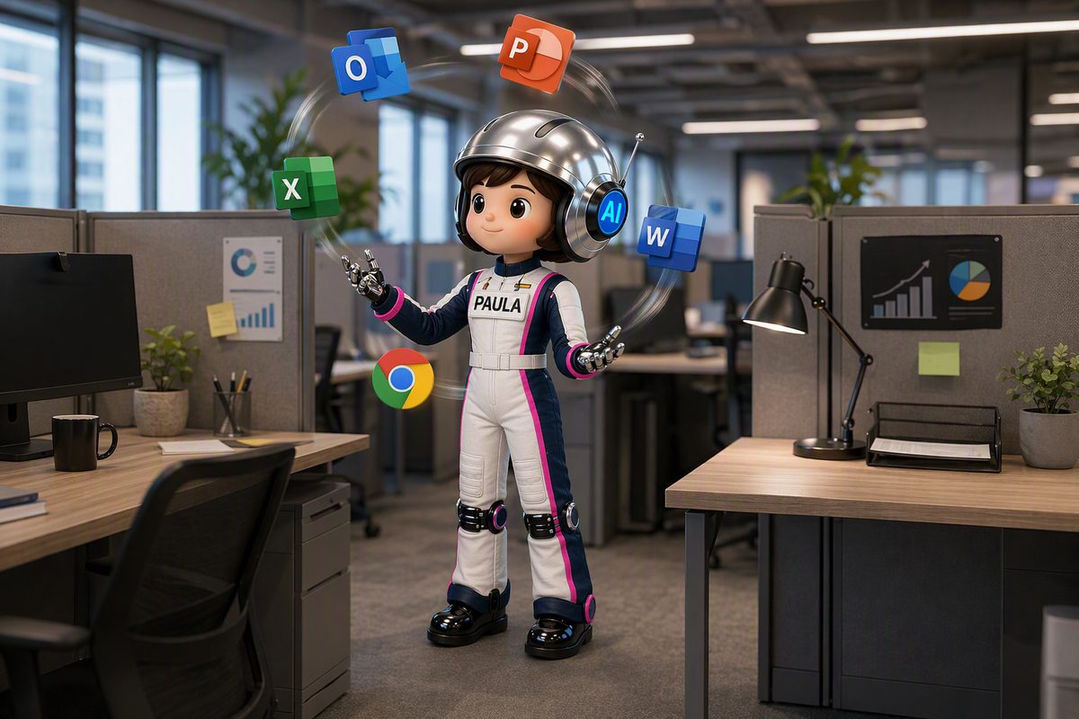 Paula, die co-drAIver-Copilotin, jongliert mit den Icons von Excel, Word, PowerPoint und Outlook