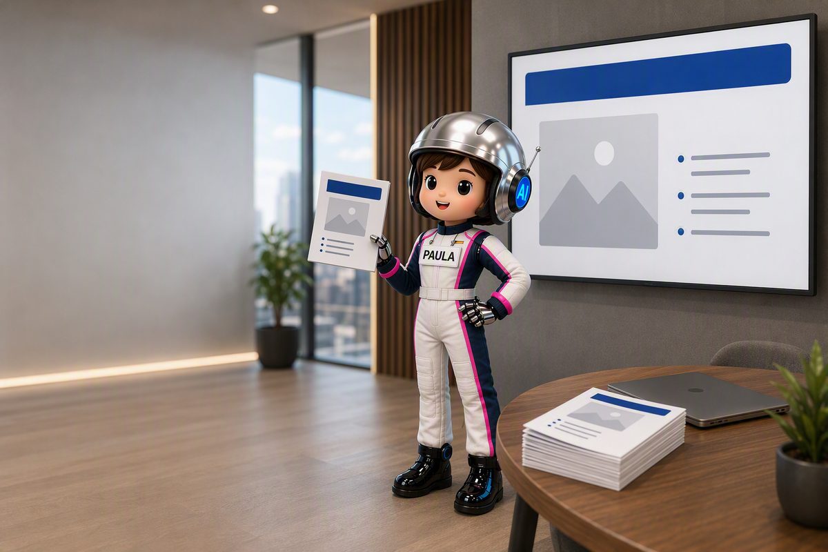 Paula, die co-drAIver-Copilotin, hält ein fertiges Teilnehmer-Handout hoch